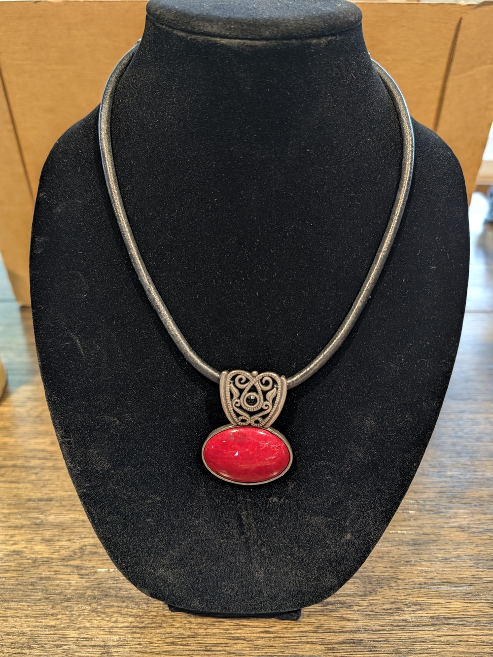 Chico's Red Stone Pendant Necklace with Antiqued Silver-Tone Filigree